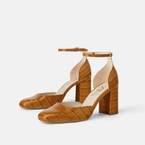 Zara Camel Croc Print Shoes Block Heel